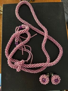 Handcrafted Purple Beaded Necklace and Earrings Set